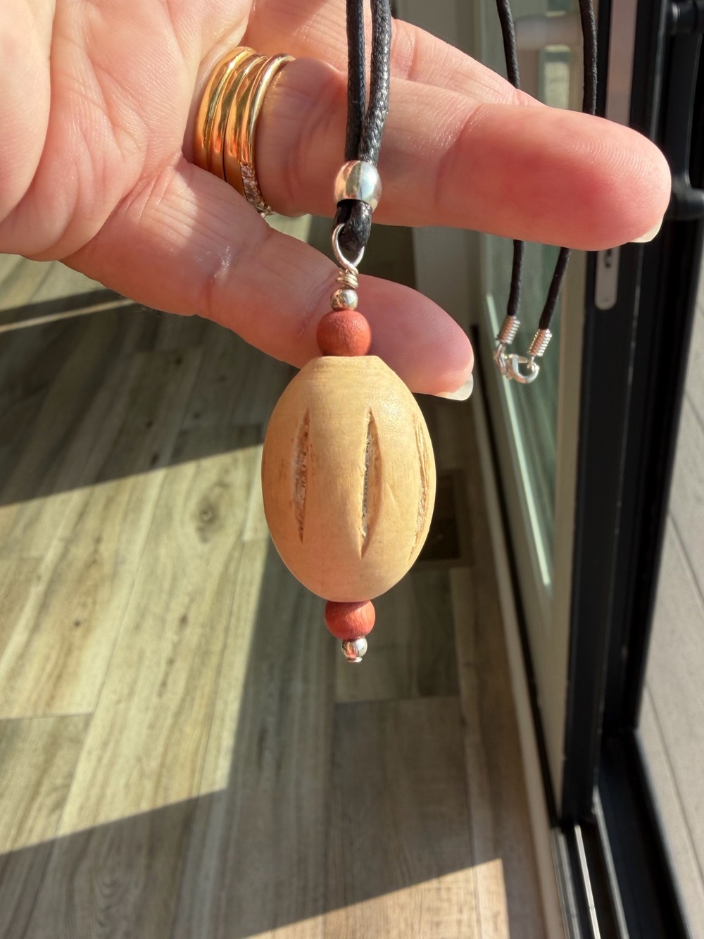 Handmade Cream Wooden Bead Pendant Necklace on 18” Cord
